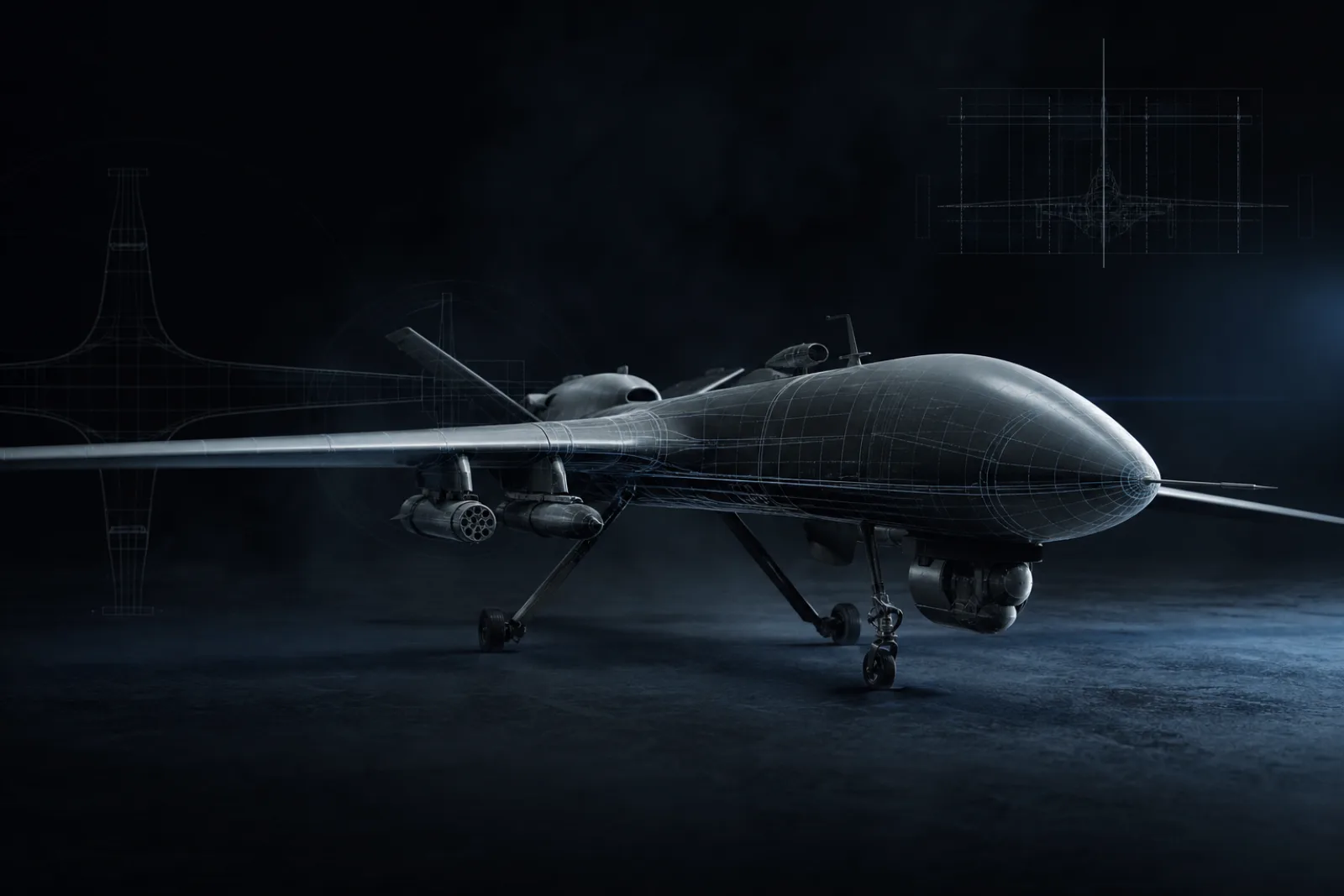 A UAV aircraft with technical VFX wireframe overlays as a product hero shot