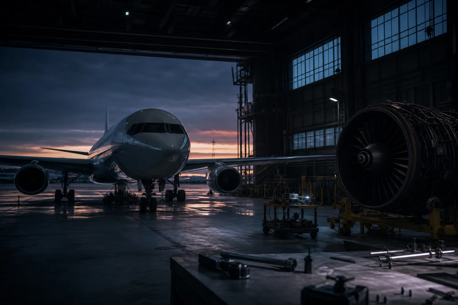 An aviation hangar with aircraft and engineering equipment at dawn