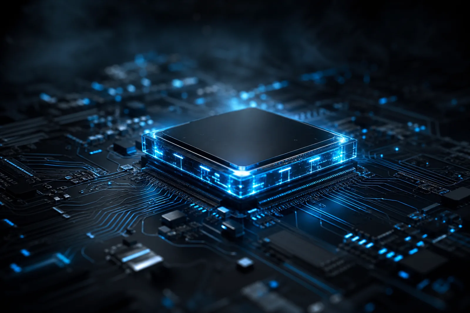 A glowing advanced microchip and circuitry rendered photoreal in dark space