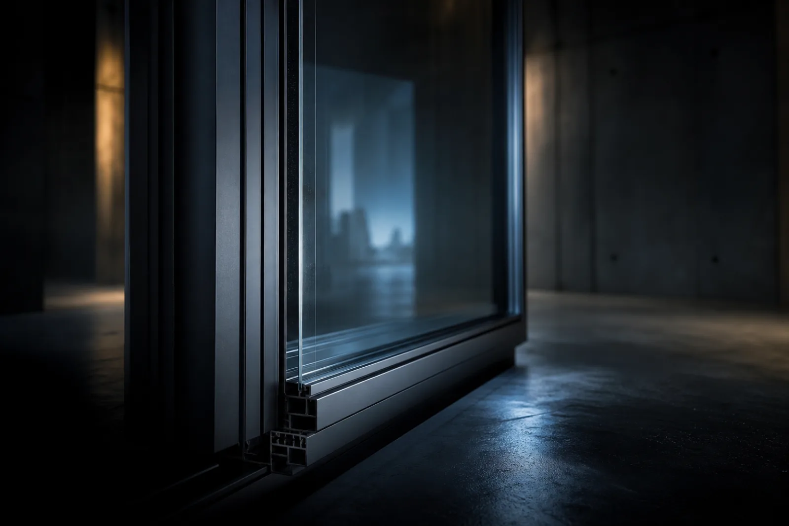 A modern window and facade product with dramatic architectural light through glass
